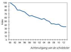 Achteruitgang van de scholekster sinds 1990 (bron: Vogelbescherming - Scholeksteronderzoek Assen en omgeving)